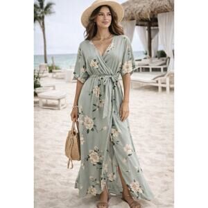ANRABESS Floral Wrap Maxi Dress L Sage Green Boho Kimono Sleeve Tie Waist Flowy